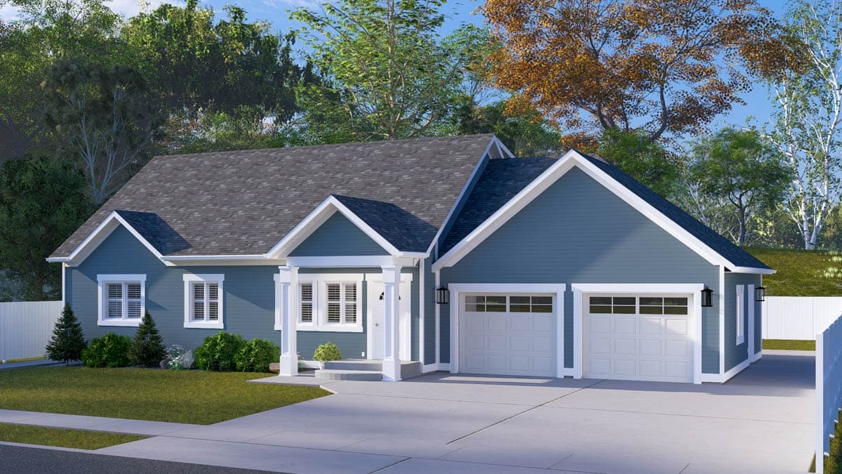House plan exterior: Blue siding, two-story cottage style with a covered front porch, gables, and a two-car garage.