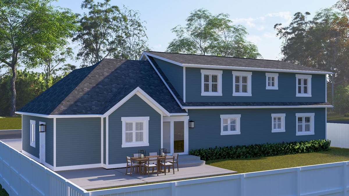 Two-story house plan exterior with a prominent gable, multiple windows with shutters, and a patio with outdoor dining furniture.
