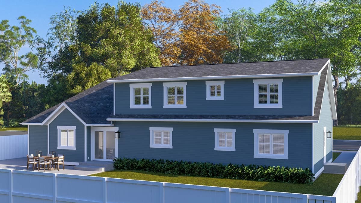 Two-story house plan exterior with gabled rooflines, multiple double-hung windows, and a rear patio area.