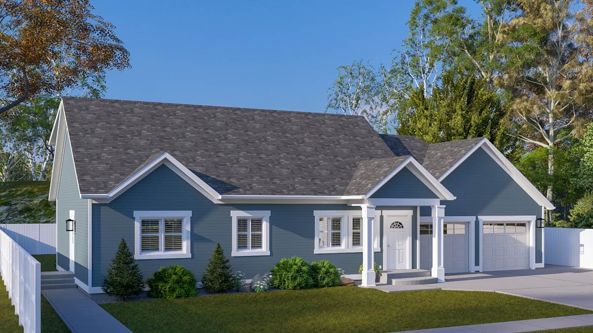 Ranch-style house plan exterior, one story, with a covered front porch, gabled dormers, and a two-car garage.