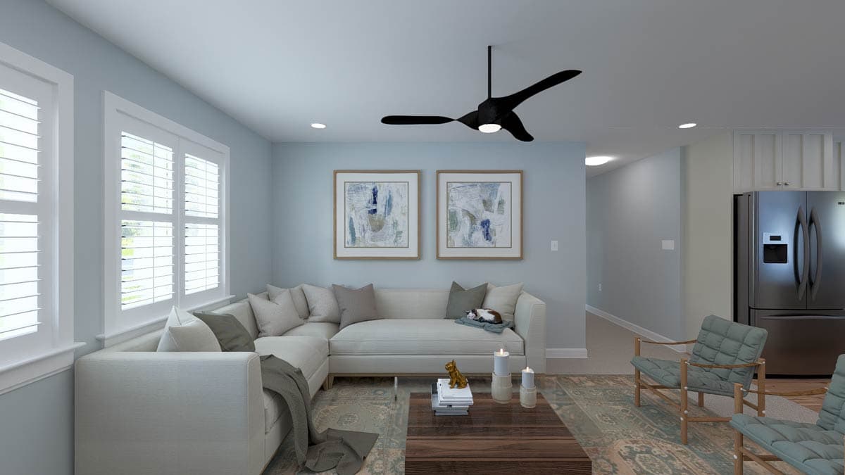 Interior rendering of a living area featuring a sectional sofa, large windows with shutters, and an open view to the kitchen.