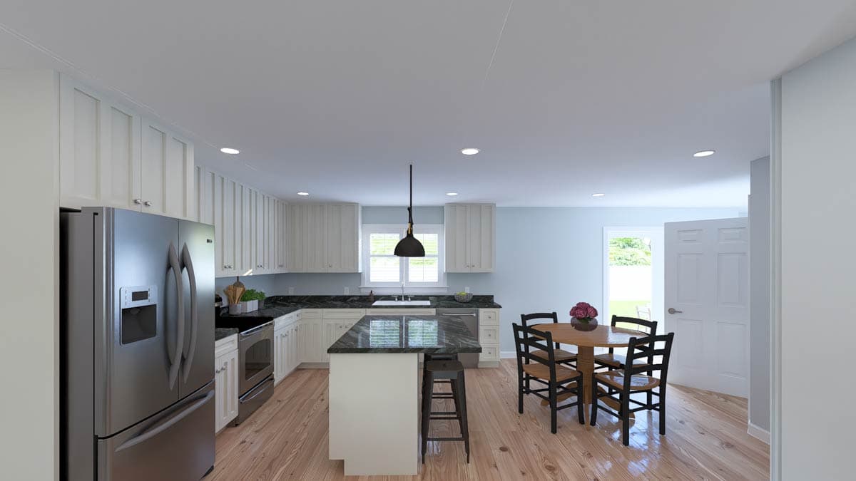 Interior rendering of a kitchen with white cabinets, granite countertops, an island, and a dining area.