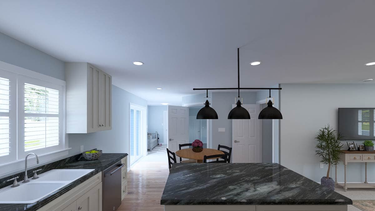 Interior rendering showing a kitchen with a granite island and sink, adjacent to a dining area and hallway.