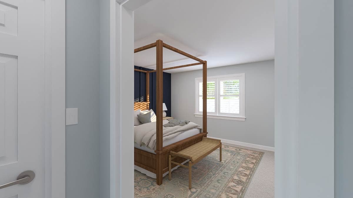 Bedroom rendering with wood four-poster bed, bench, patterned rug, and plantation shutters on window.
