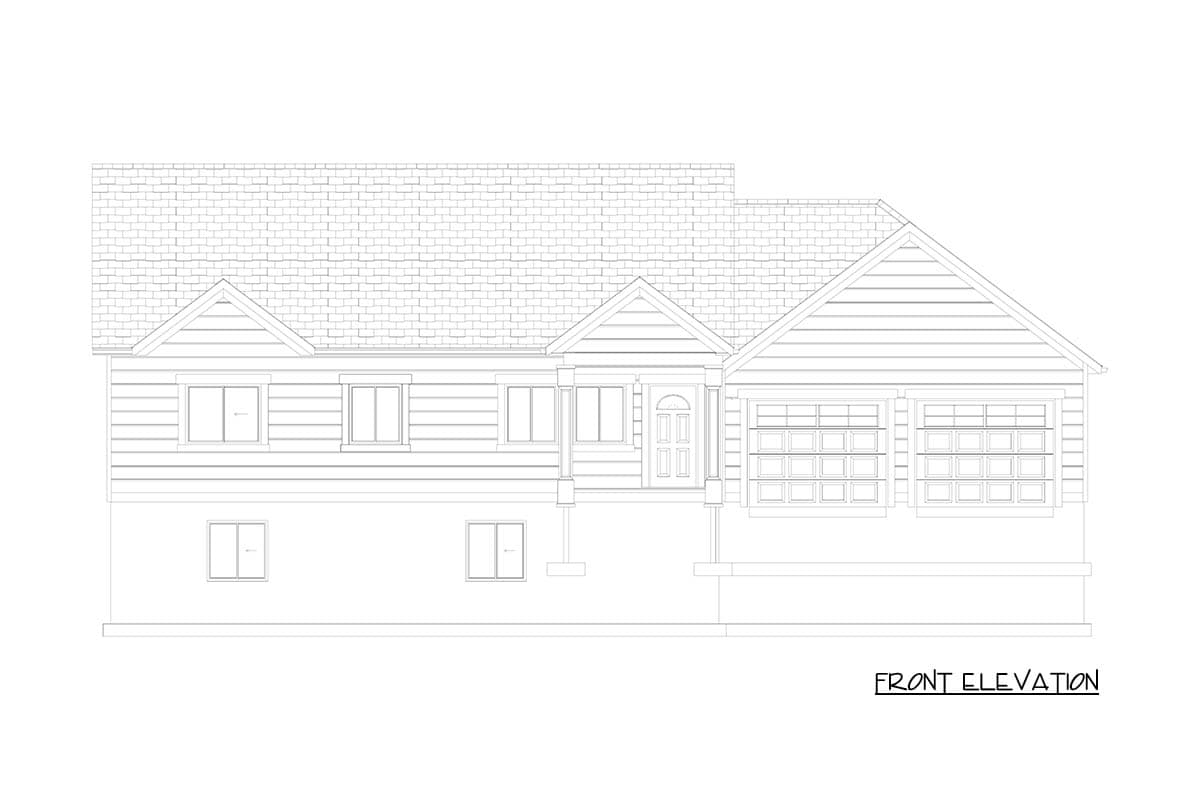 Front elevation of a two-story house plan featuring a covered entry porch, gabled dormers, and a double garage.