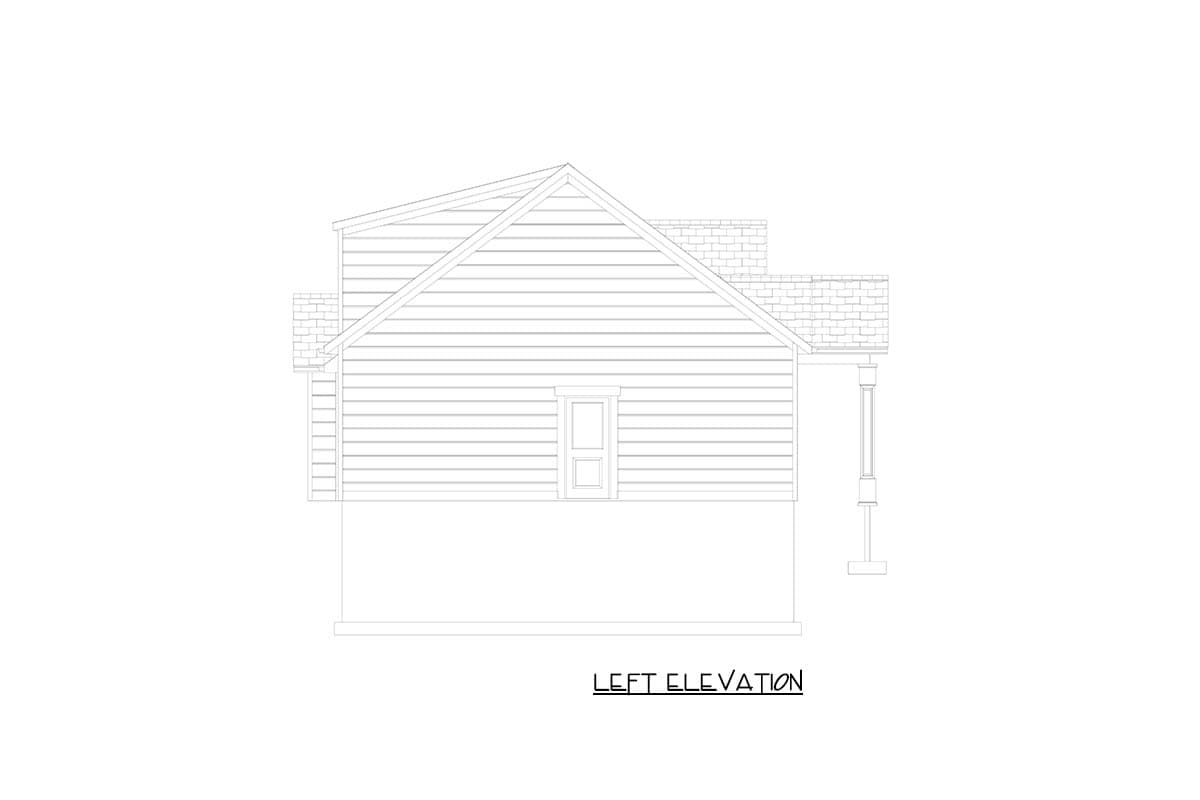Left elevation house plan drawing showing horizontal siding, gabled roofline, one window, and a porch column.