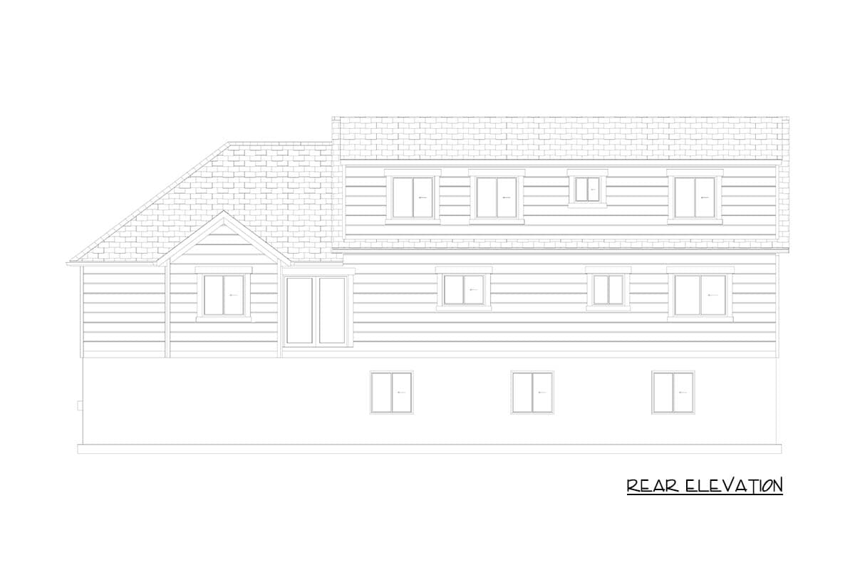 Rear elevation drawing of a two-story house plan with horizontal siding, multiple windows, and a gable roof section.