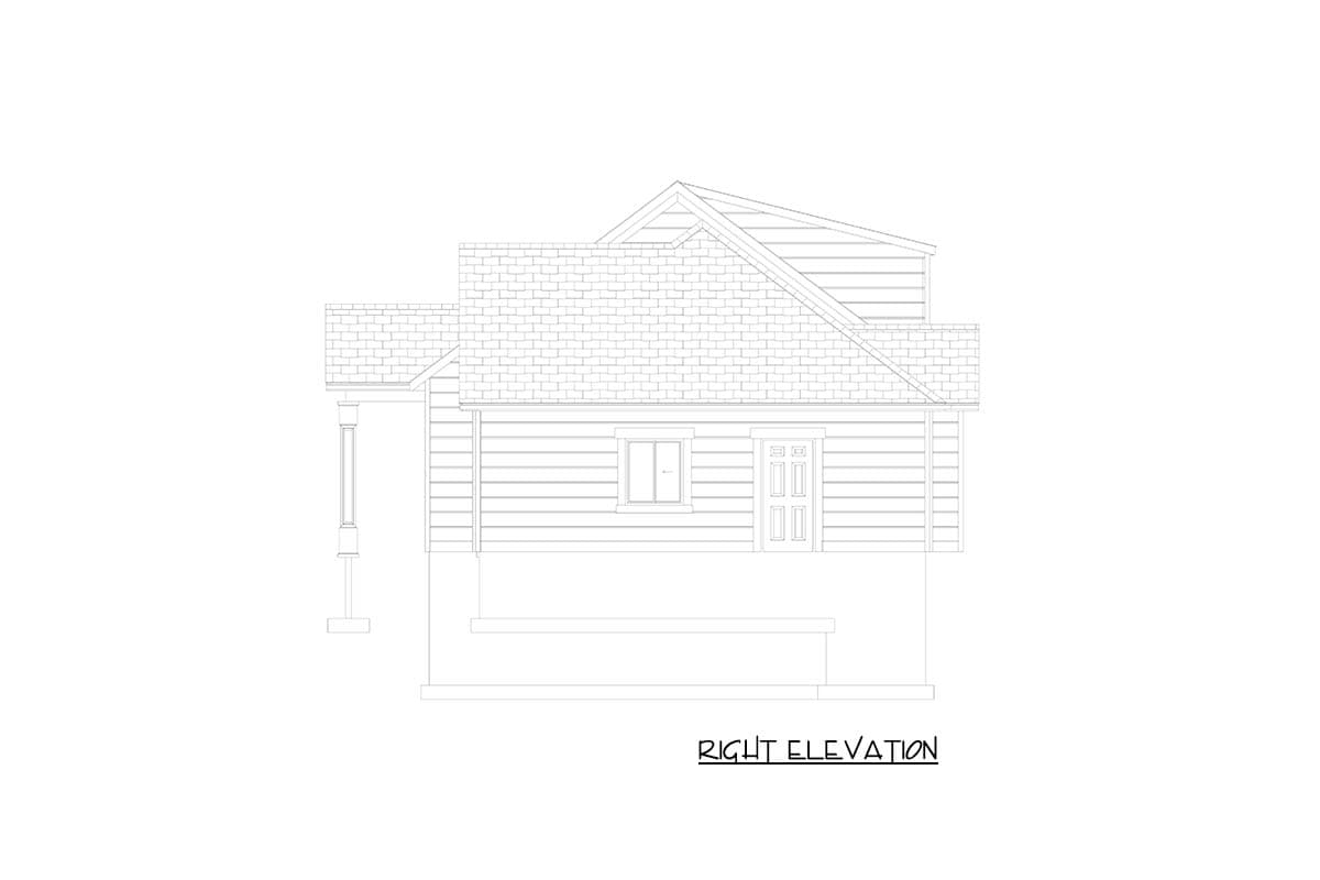 Right elevation drawing of a house plan featuring a covered porch, double door, and multiple rooflines.