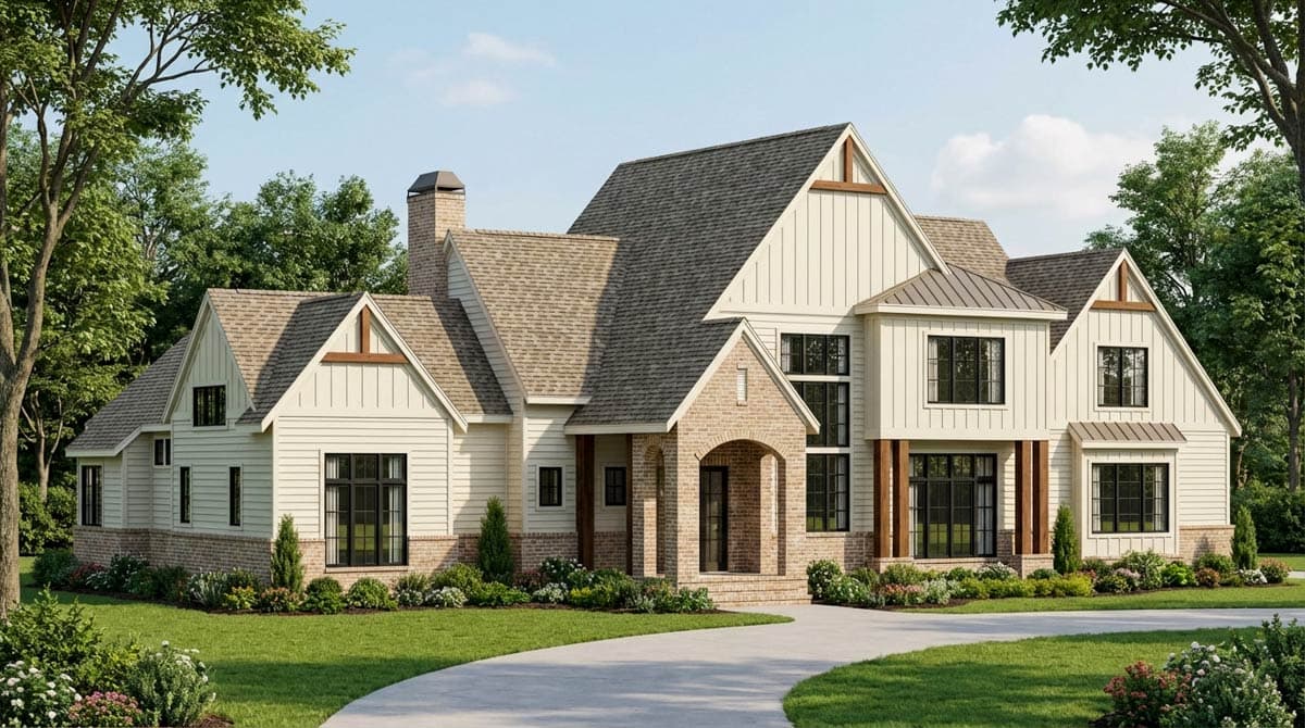 Modern Farmhouse house plan exterior with gabled rooflines, board and batten siding, brick accents, and prominent chimney.
