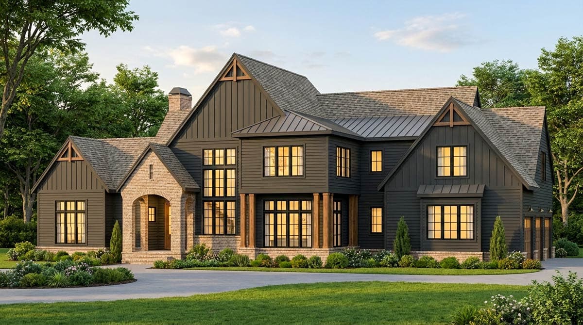 House plan exterior: two-story Modern Farmhouse with brick archway entrance, multiple gables, and dark siding.