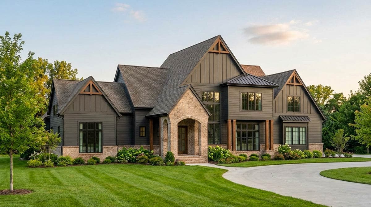Modern Farmhouse house plan exterior with multiple gables, brick arched entry, and dark siding.