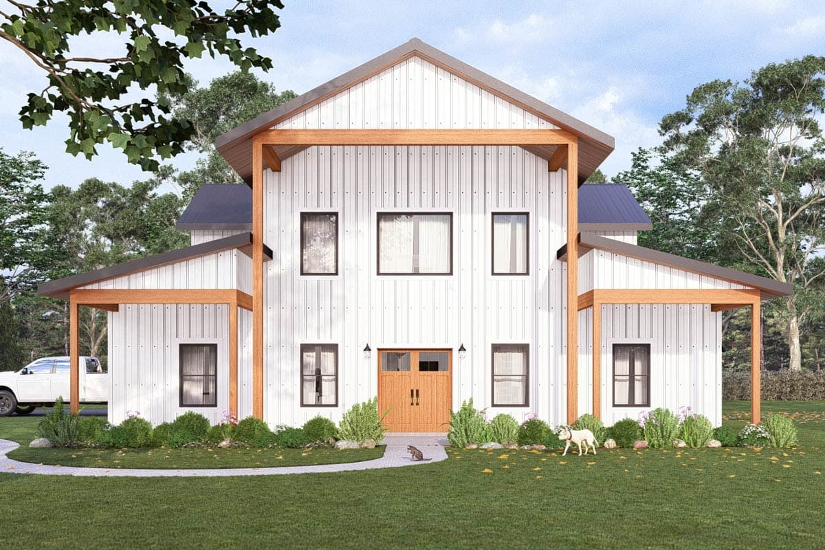 A two-story white modern farmhouse with a wooden front door. A cat and dog are in the yard, and a pickup truck is parked nearby.