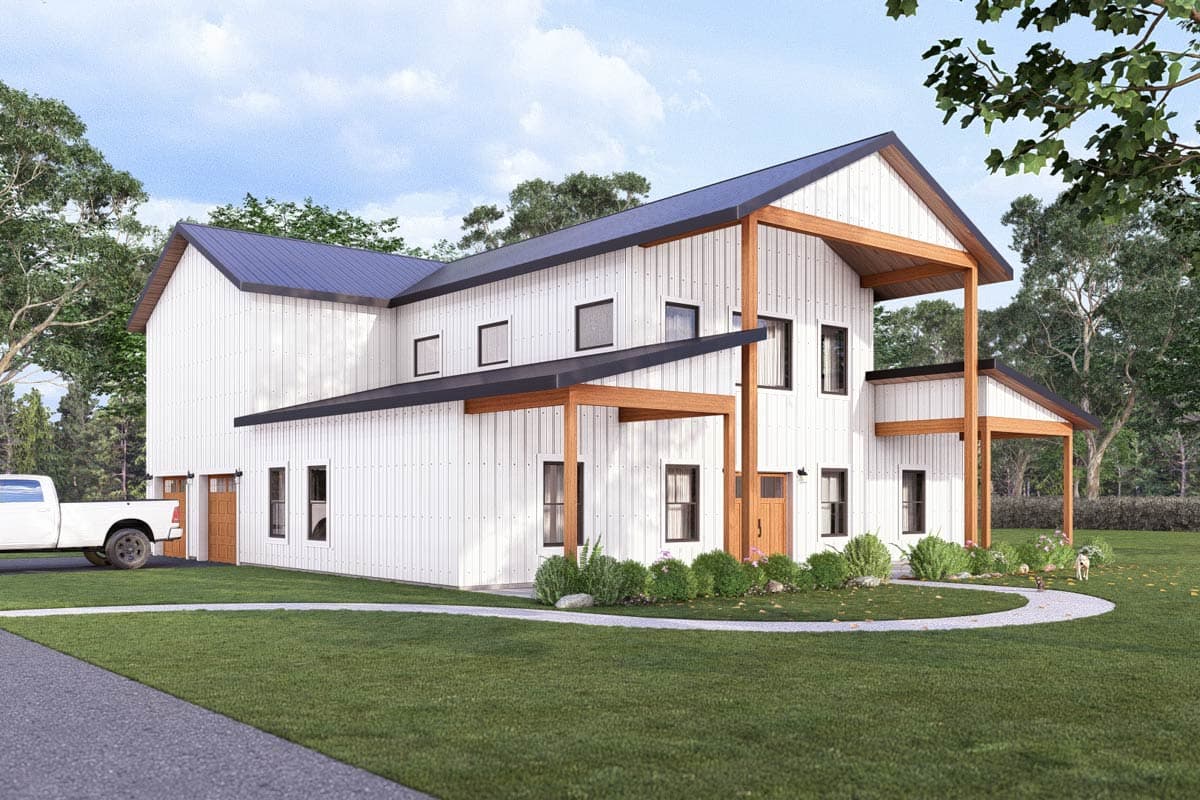 Modern house plan exterior with white vertical siding, dark metal roof, exposed wood beams, covered porch, and attached garage.