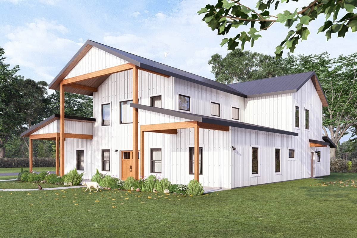 House plan exterior: Two-story modern farmhouse with metal siding, exposed wood beams, and dark metal roof.