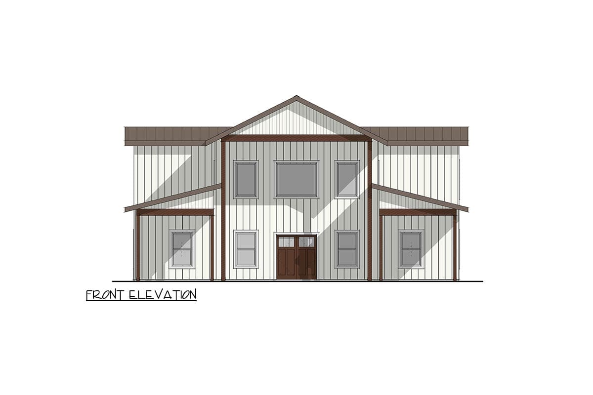 Front elevation of a two-story house plan with vertical siding, a prominent gable, and covered entry porches.