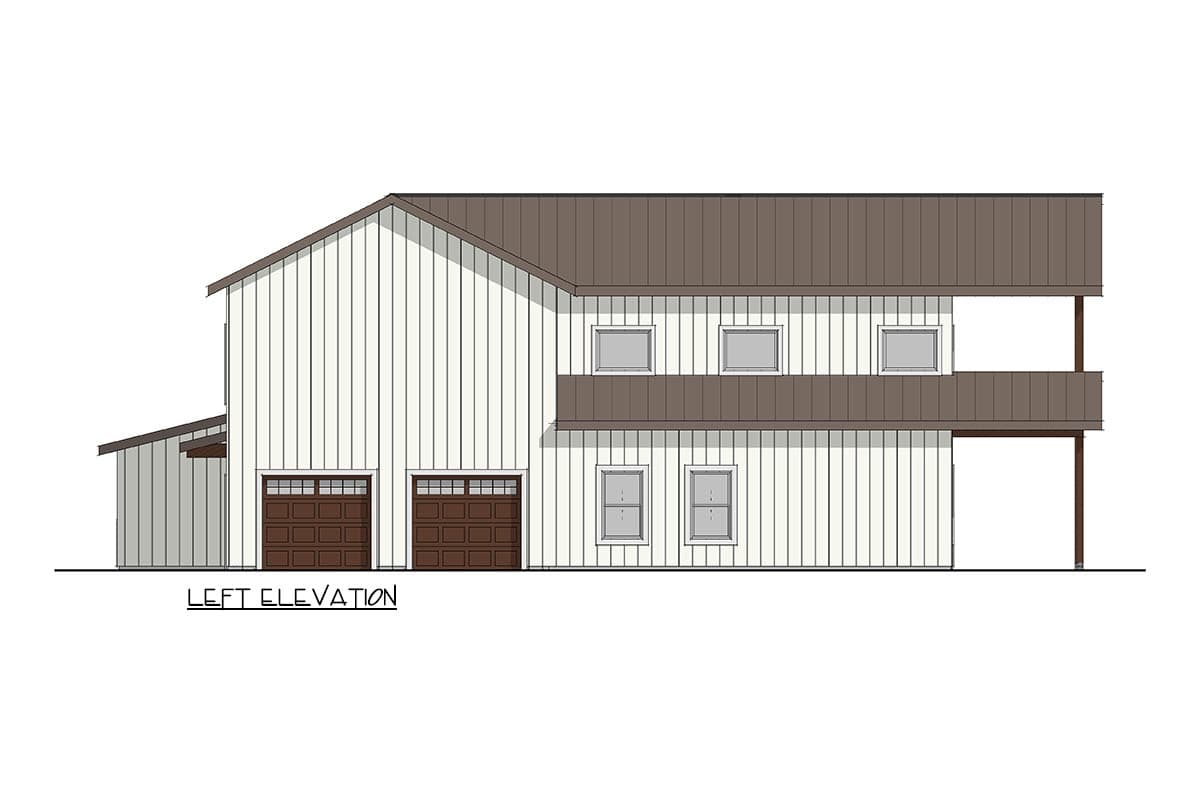 Left elevation drawing of a two-story house plan featuring vertical siding, a metal roof, two garage doors, and a second-story balcony.