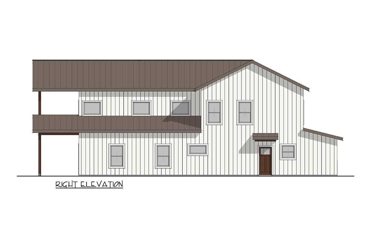 Right elevation of a two-story house plan with vertical siding, metal roof, and a second-story balcony.