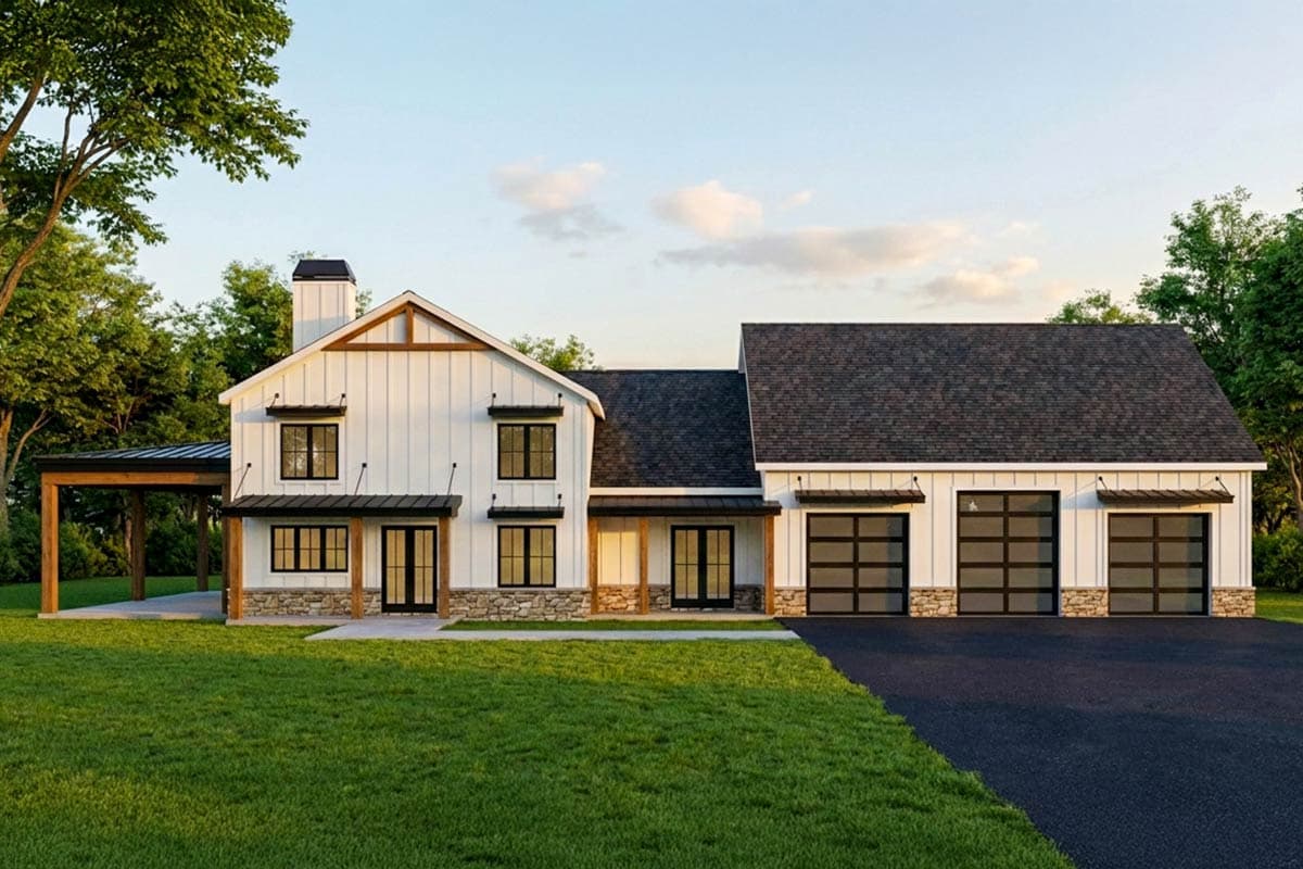 A modern farmhouse with white siding, black-framed windows, and stone accents. It features a covered porch and a three-car garage with glass doors.