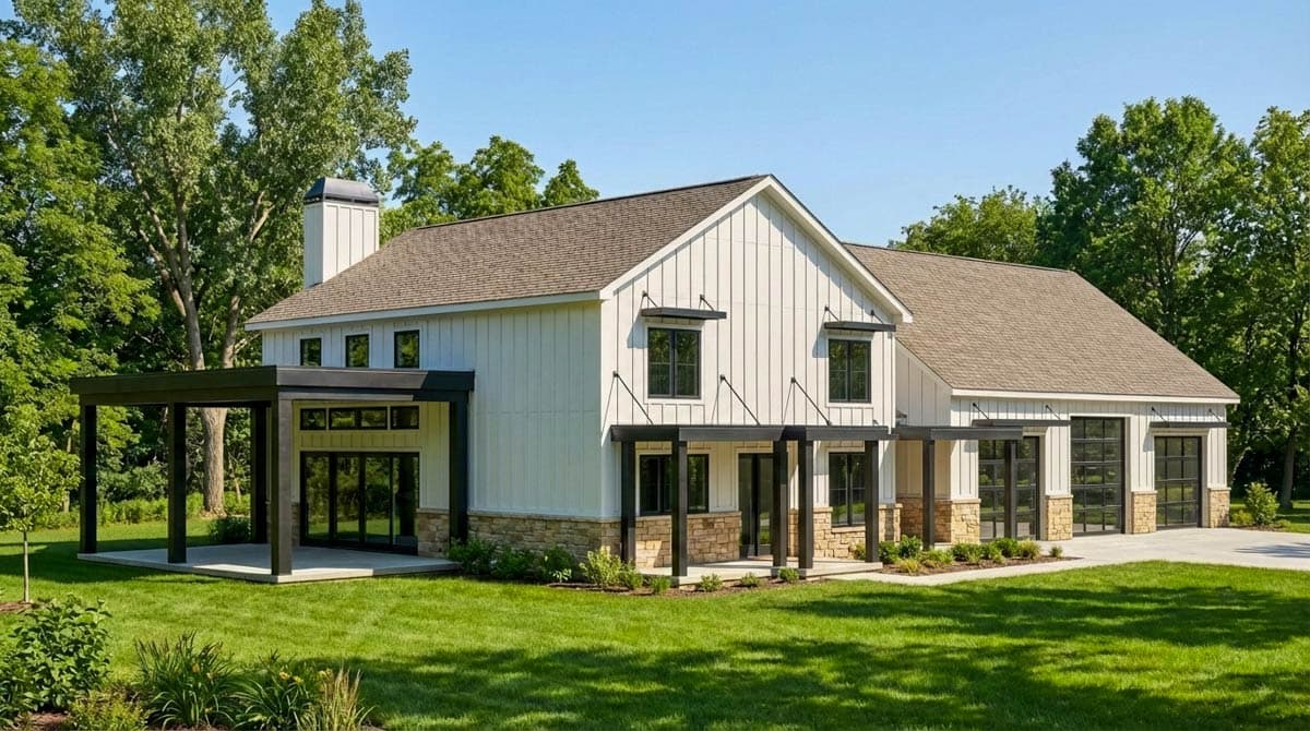 Modern Farmhouse house plan exterior with white board-and-batten siding, stone accents, covered porch, and three-car garage.