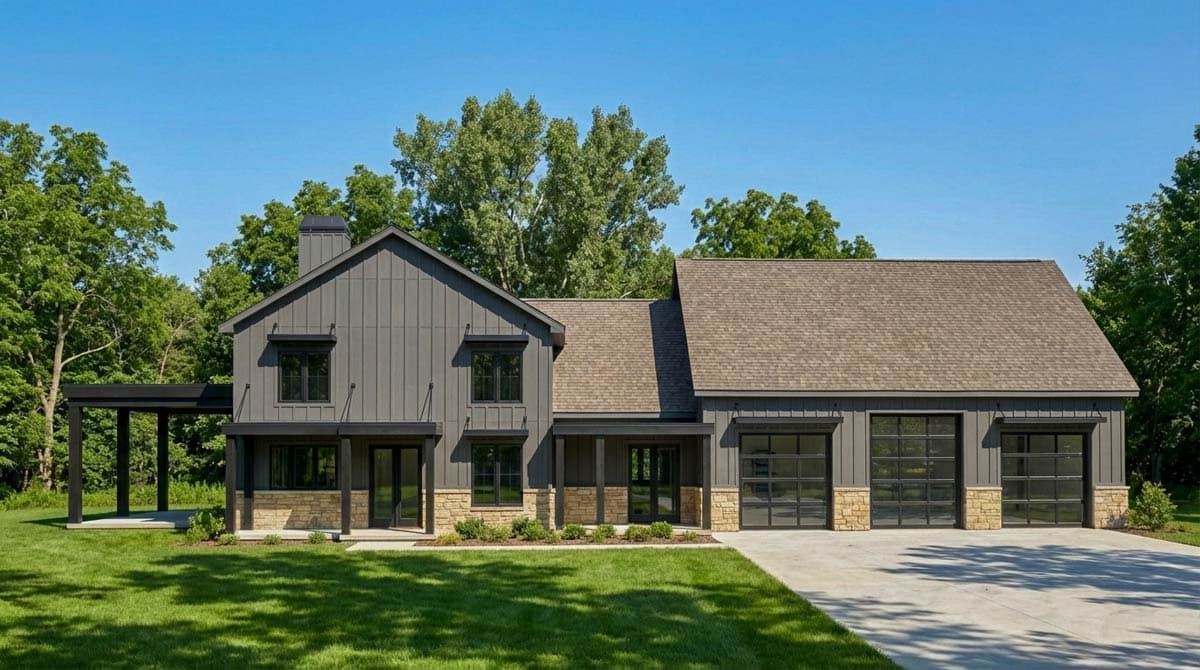 Modern farmhouse house plan exterior with board and batten siding, stone base, prominent gables, and a three-car garage.