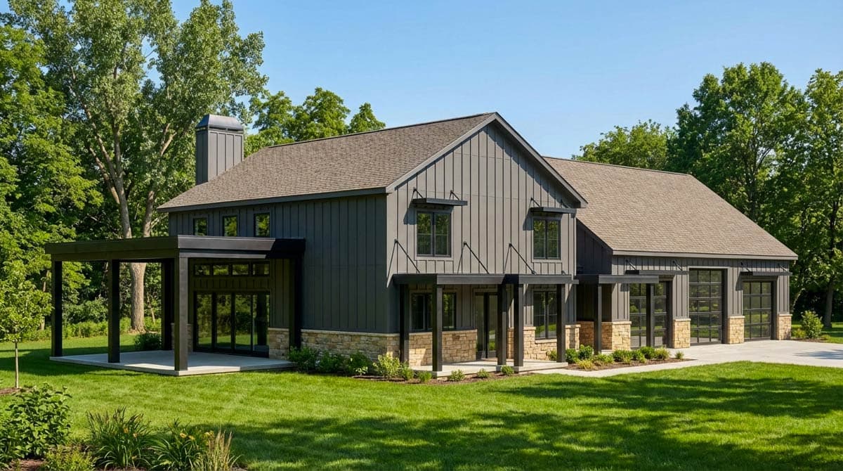 Modern Farmhouse house plan exterior with board and batten siding, stone accents, gabled roof, and attached two-car garage with glass doors.