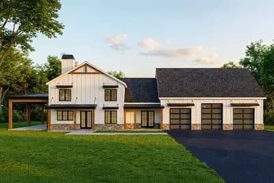 4-Bed Barndominium House Plan with Massive 3-Car Garage and Loft