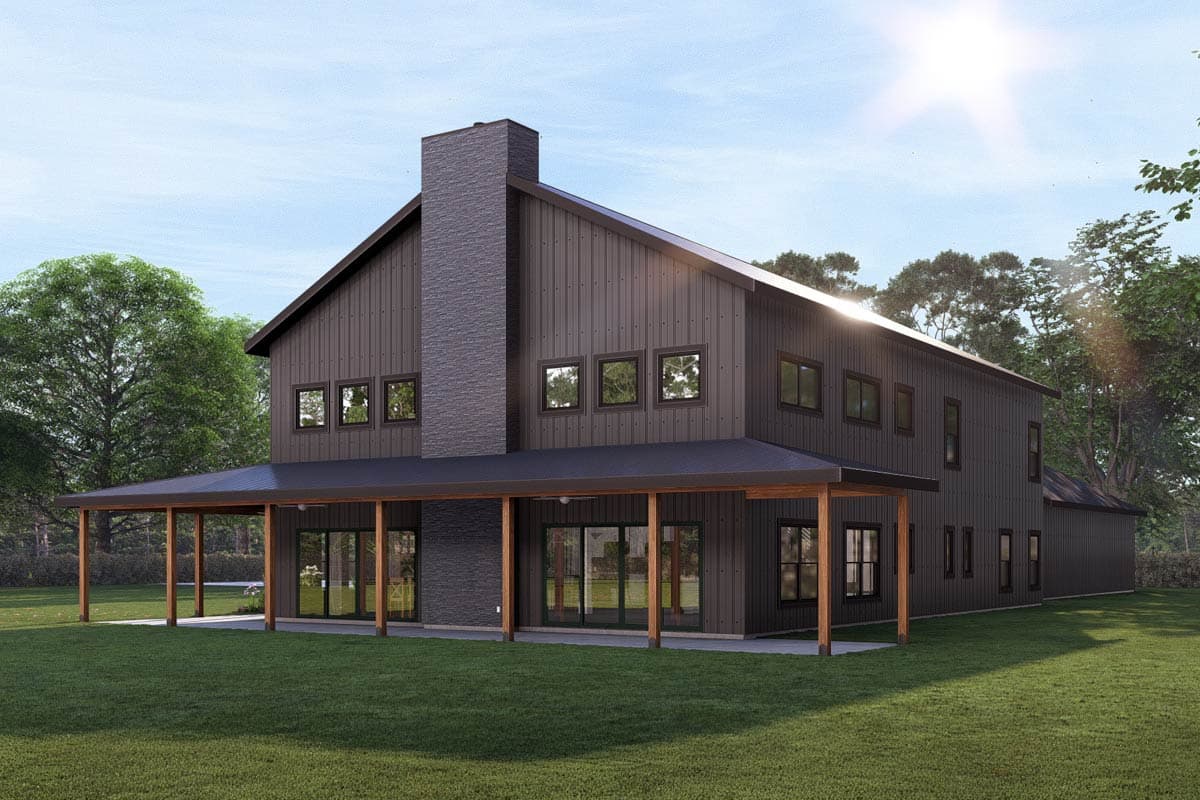 Modern house plan exterior with metal siding, large covered porch, and prominent stone chimney.