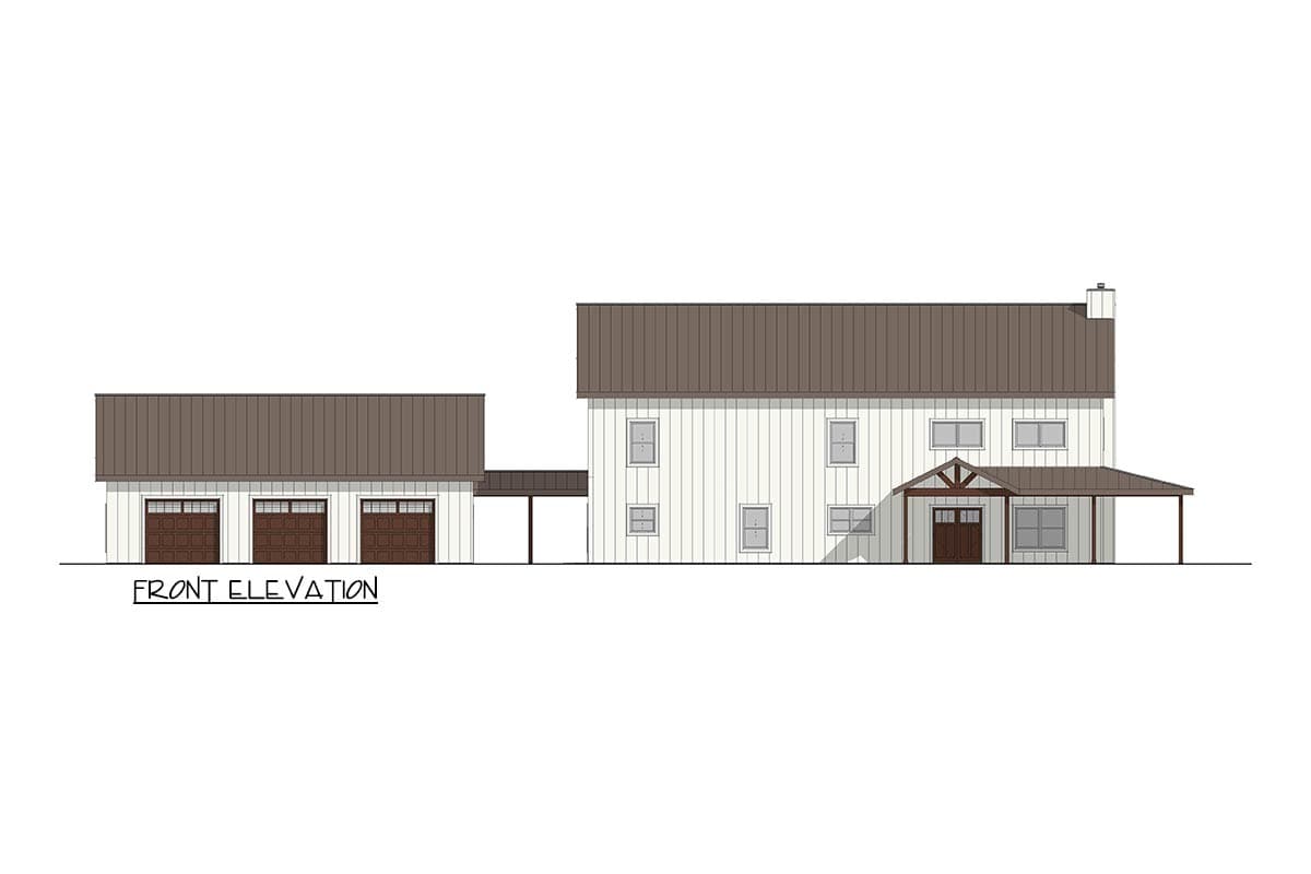 Front elevation of a two-story house with a three-car garage, covered porch, and vertical siding.