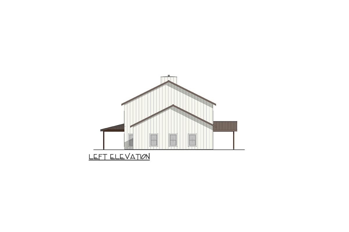 Left elevation drawing of a two-story house plan with gabled rooflines, a porch, and three windows.