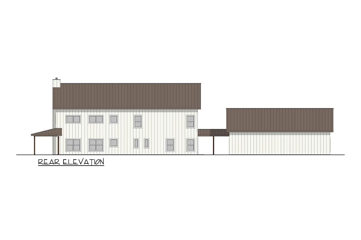 Rear elevation of a two-story house plan with a gable roof, metal roof, and attached garage.