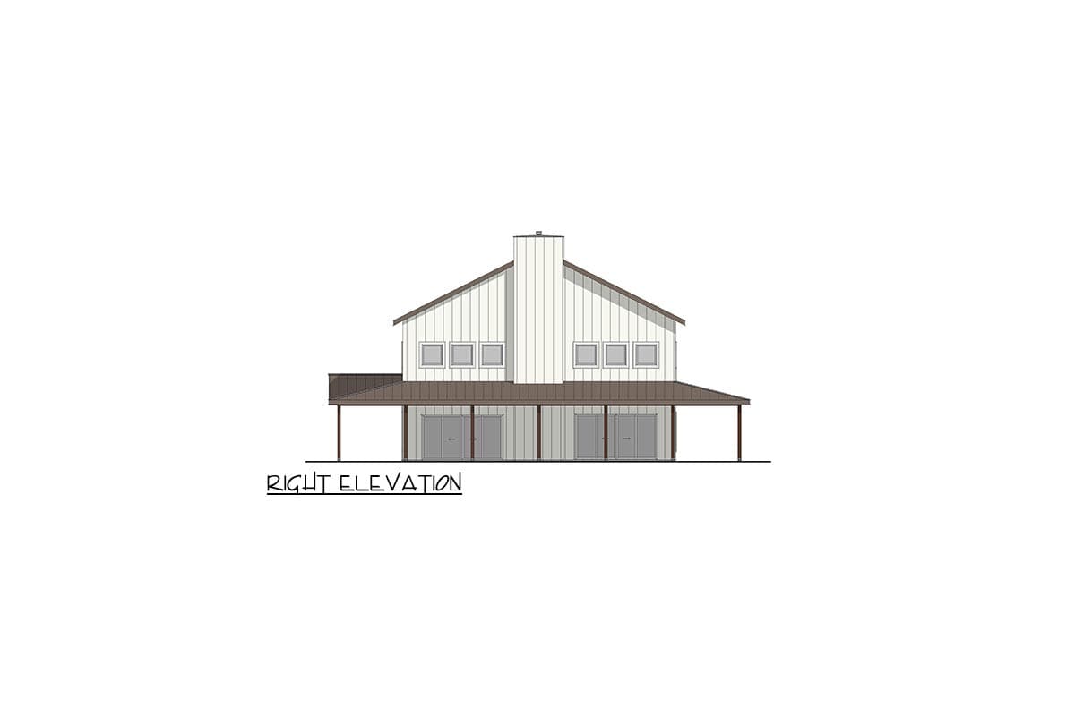 Right elevation of a house plan featuring a prominent central chimney, gable roof, and covered porch with double doors.