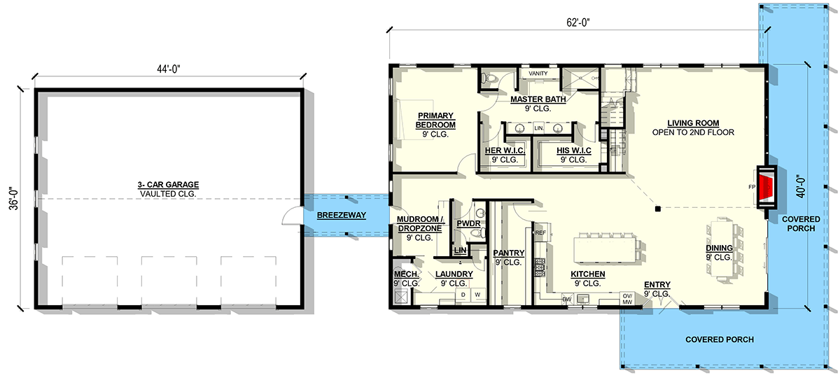 Plan 405098FDC: 5-Bedroom Modern Barndominium House Plan with Wrap-Around Porch - Floor Plan - Main Level - Barndominium, Modern Farmhouse