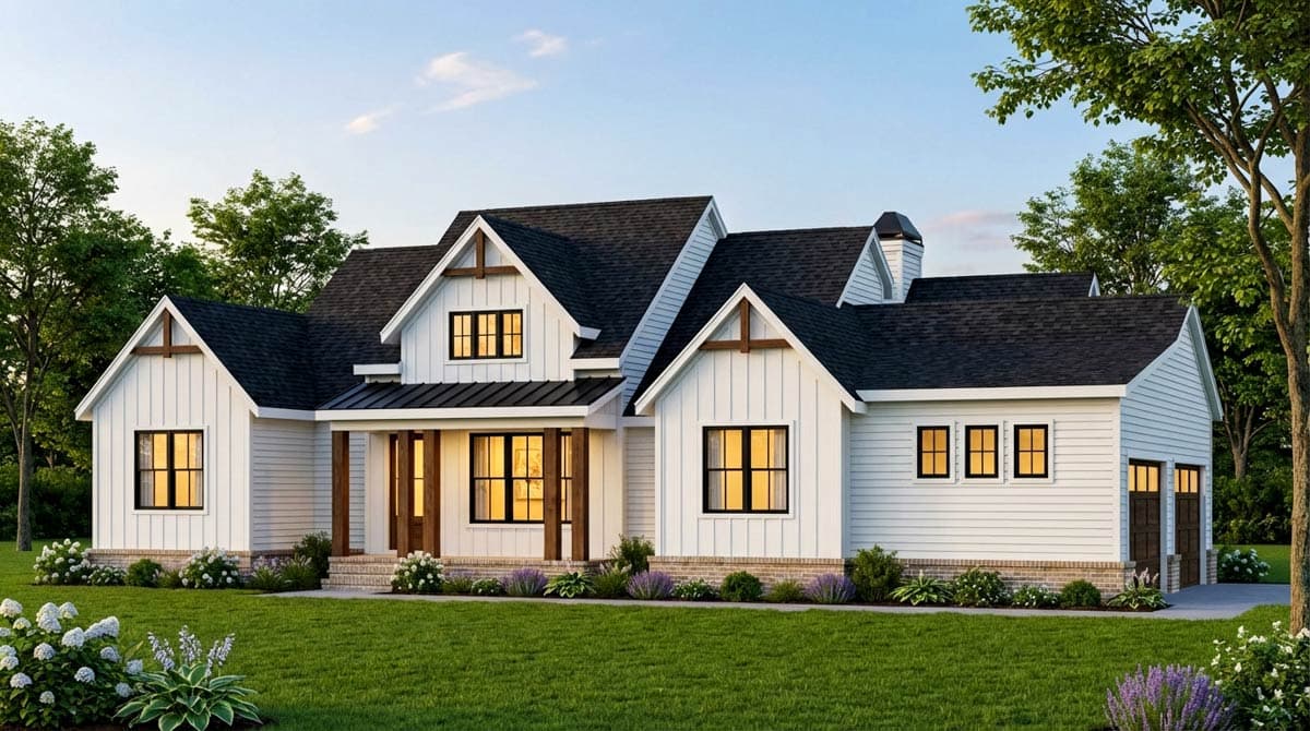 Modern Farmhouse house plan exterior with board and batten siding, gables, dormers, and a prominent porch.