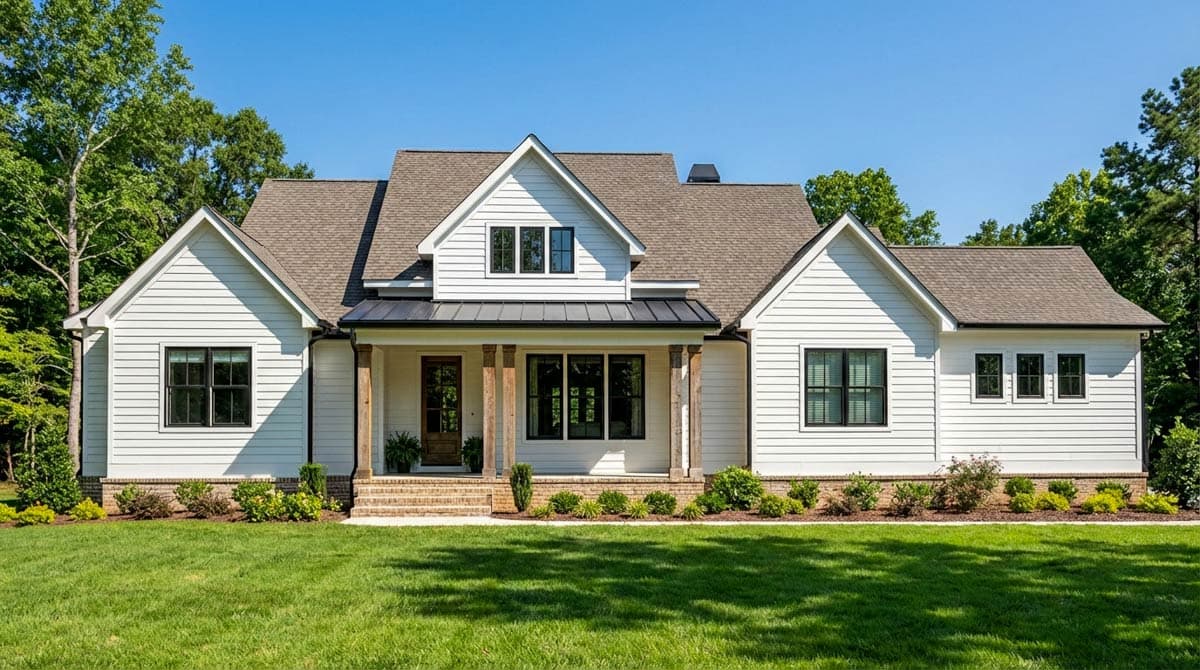 Modern Farmhouse house plan exterior: one story, white siding, covered porch with wood columns, gables, and dark roof.
