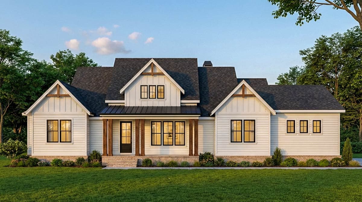 Modern Farmhouse house plan exterior with a covered front porch, gable dormers, and board and batten siding.