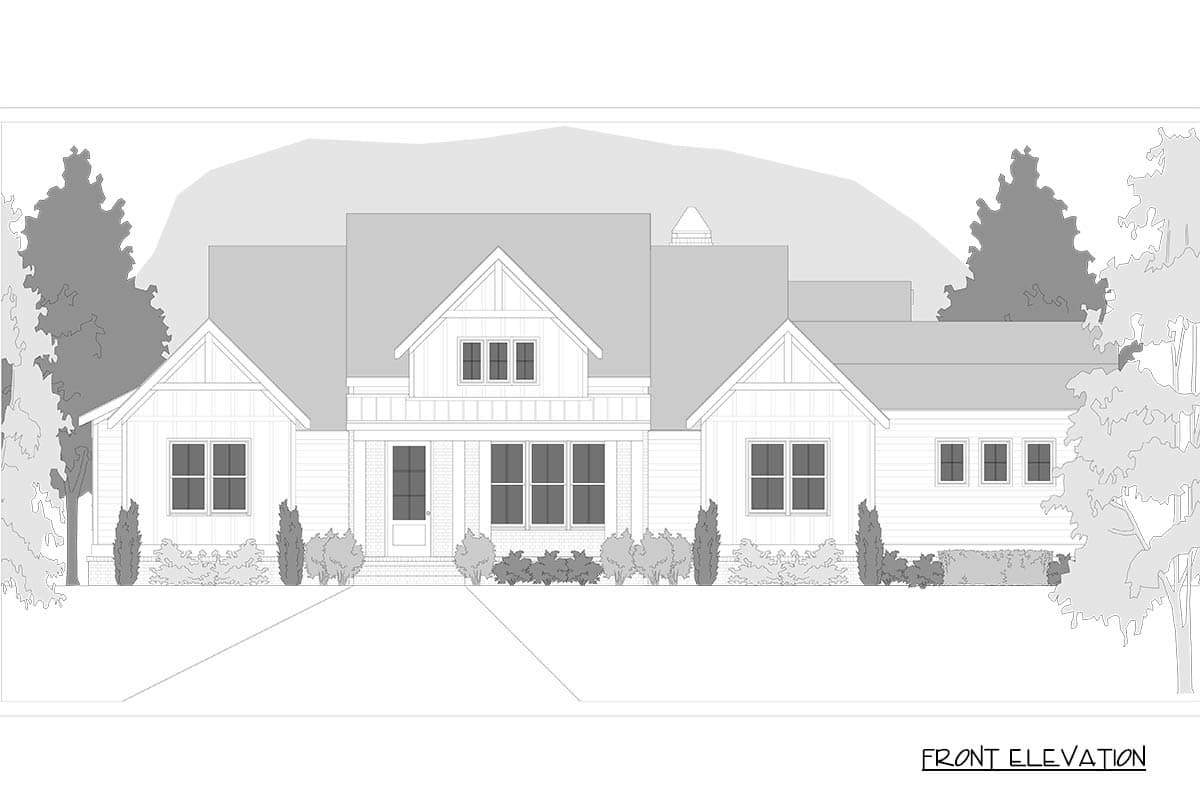 Front elevation drawing of a Modern Farmhouse style house plan with gables, dormers, and a covered entryway.