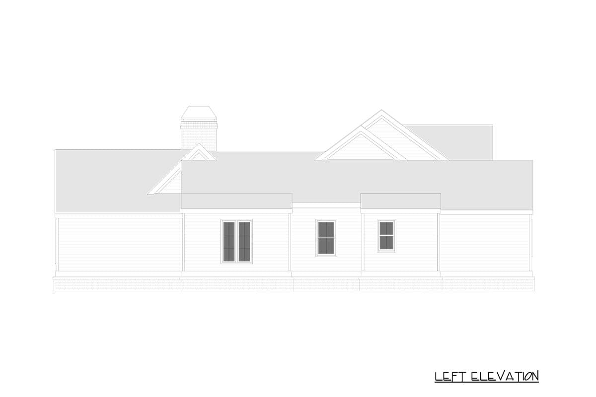Left elevation house plan showing a single-story structure with multiple gables, a chimney, and three windows.