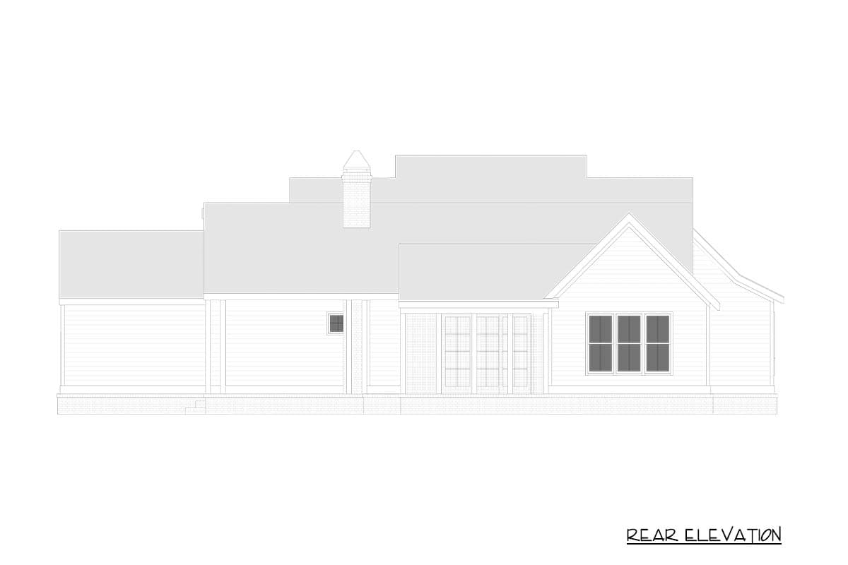 Rear elevation drawing of a single-story house with a covered porch, gabled dormer, and chimney.