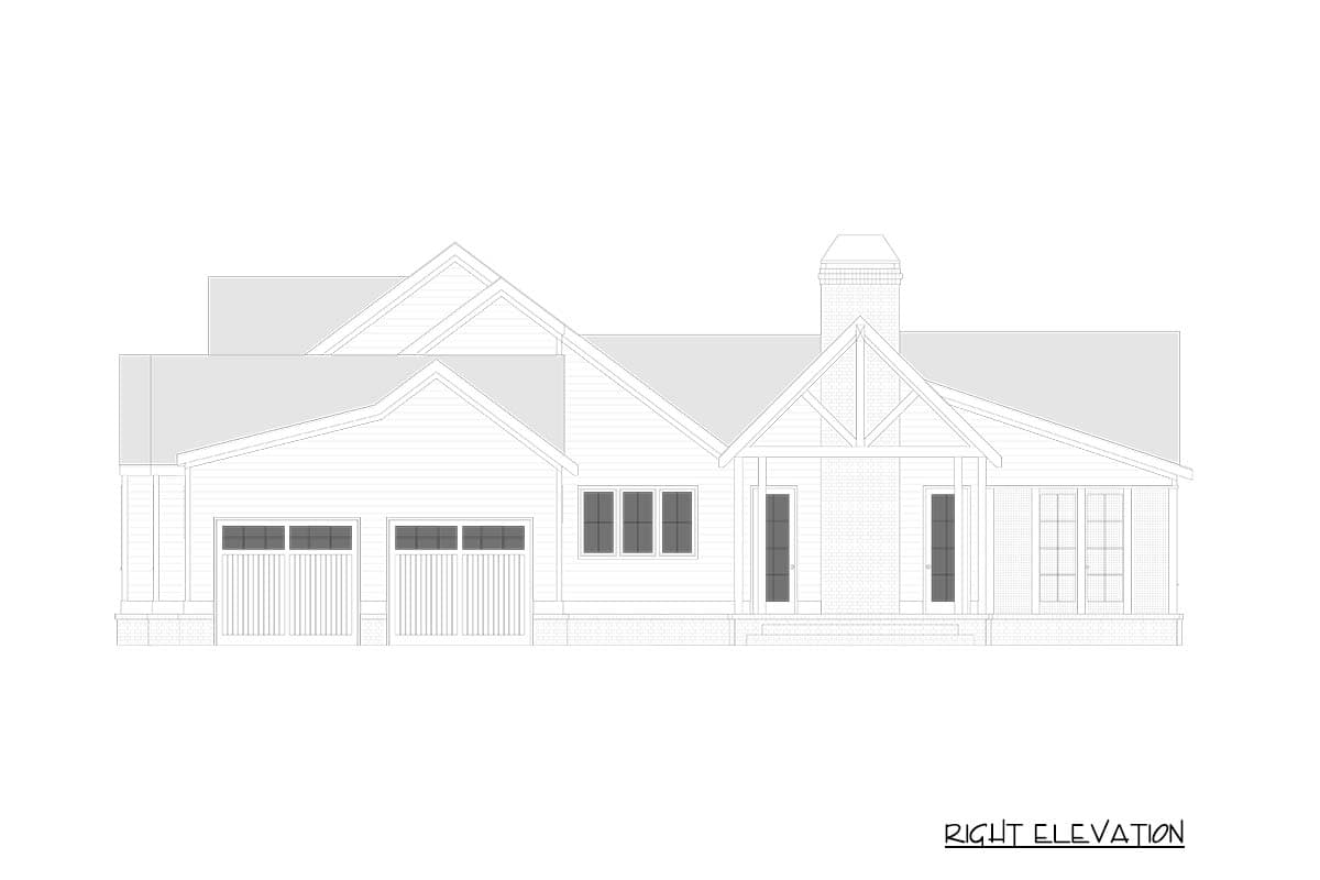 Right elevation drawing of a house plan with a two-car garage, gabled entrance with exposed beams, and brick chimney.