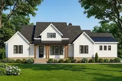 Single-Story Modern Farmhouse Plan with Vaulted Porch and Workshop