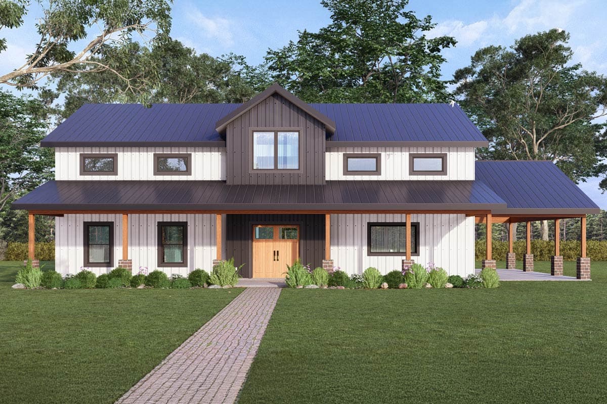 A modern farmhouse with a dark metal roof and siding, a large porch, and a brick pathway leading to a double wooden door.