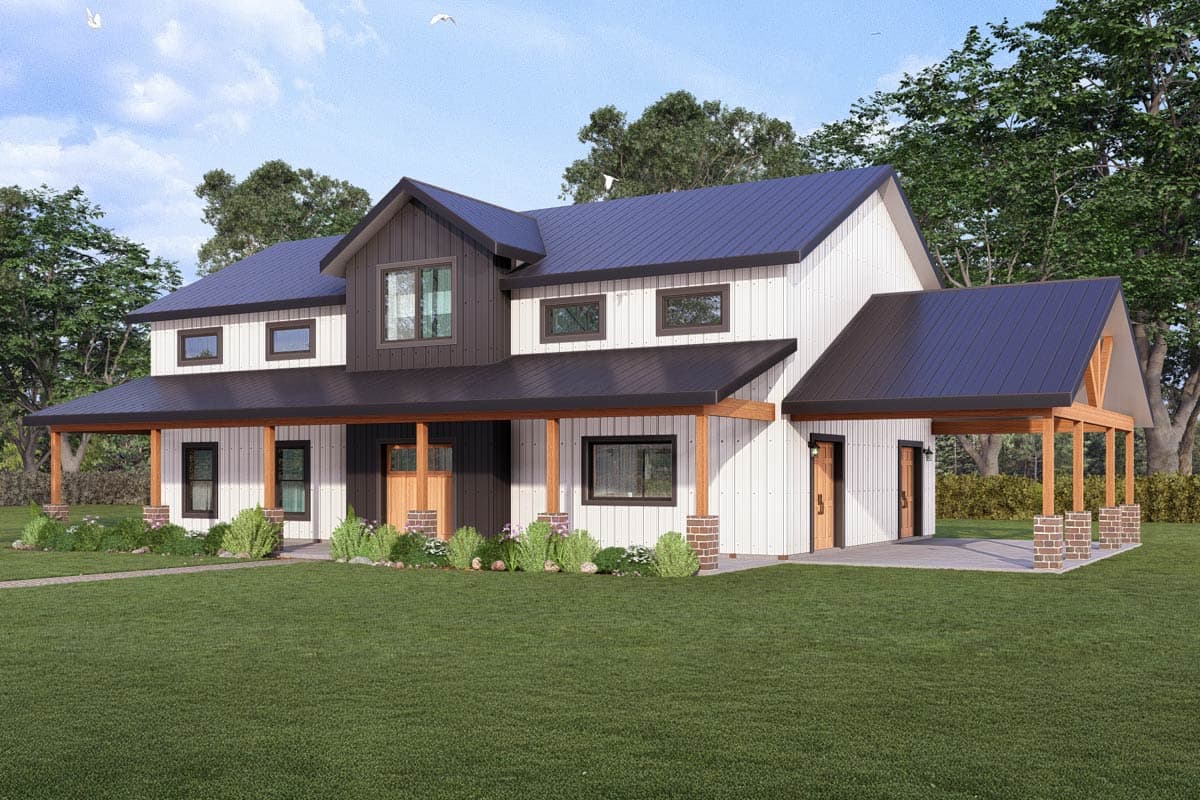 Modern Farmhouse house plan exterior with a wraparound porch, gable rooflines, and board and batten siding.