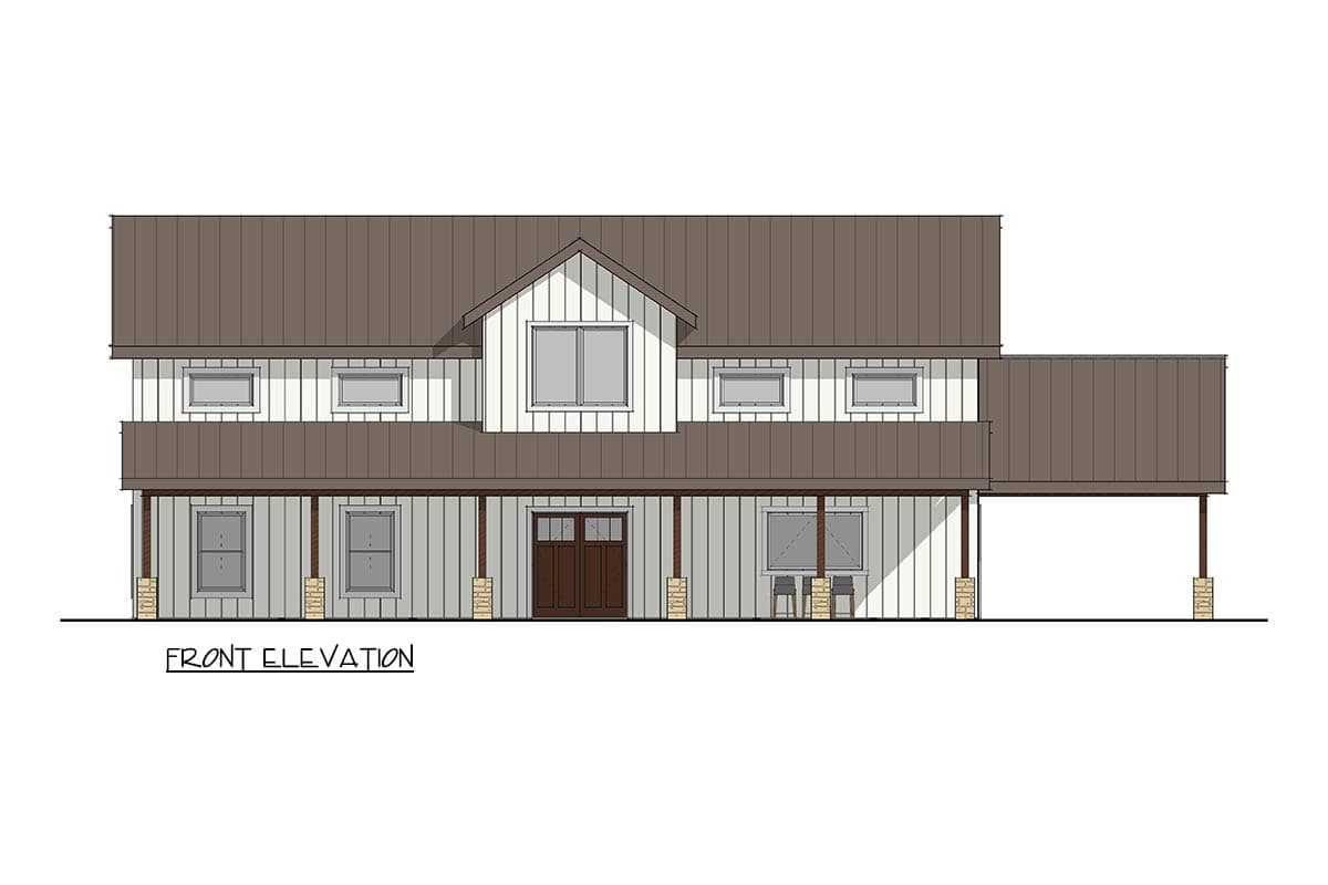 Front elevation of a two-story house plan featuring a covered porch, gabled dormer, and attached carport.