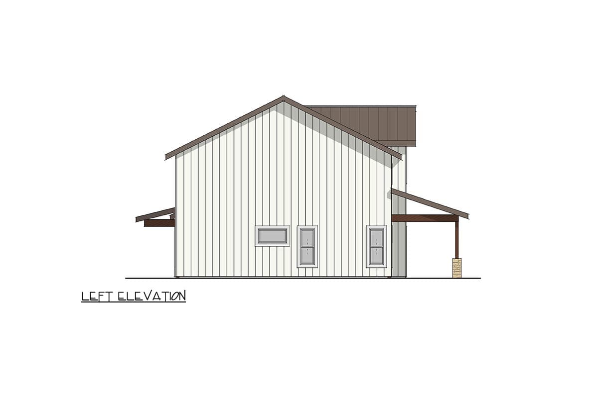 Left elevation of a two-story house plan with vertical siding, gabled roof, and covered porch.