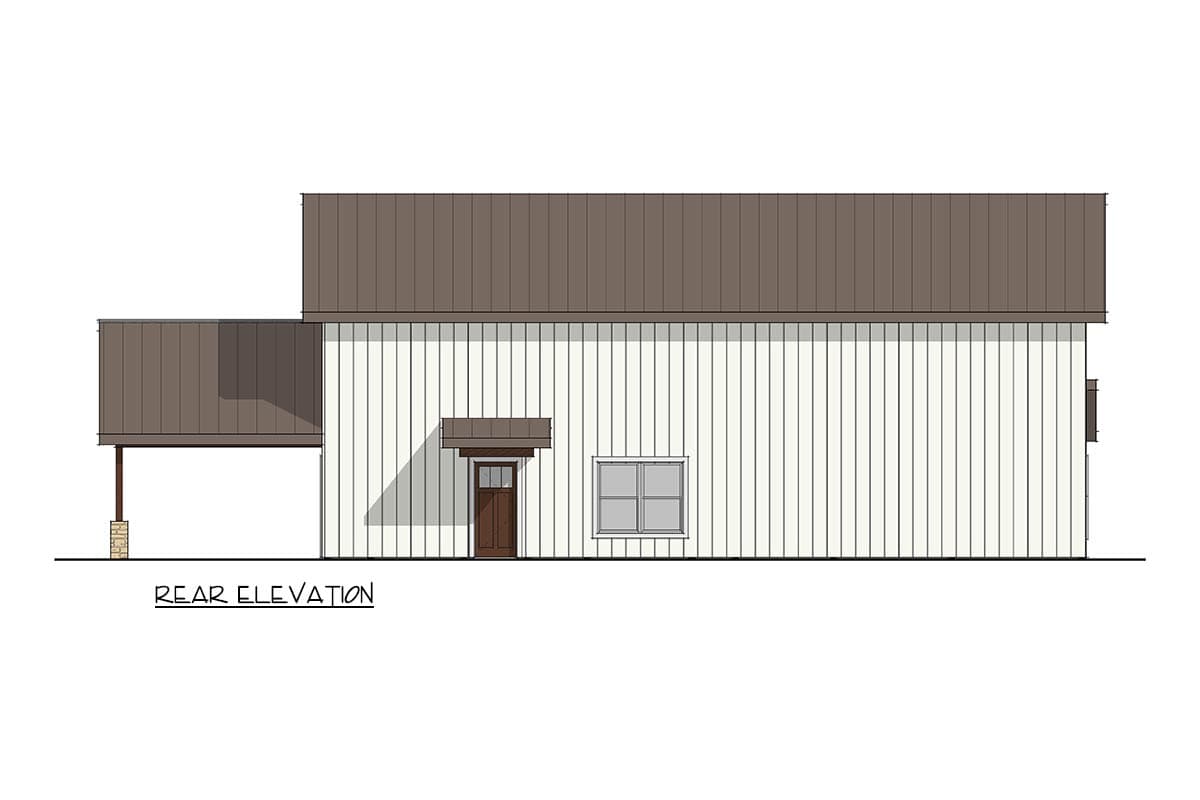 Rear elevation drawing of a house plan with vertical siding, a metal roof, a covered carport, and a central entry.