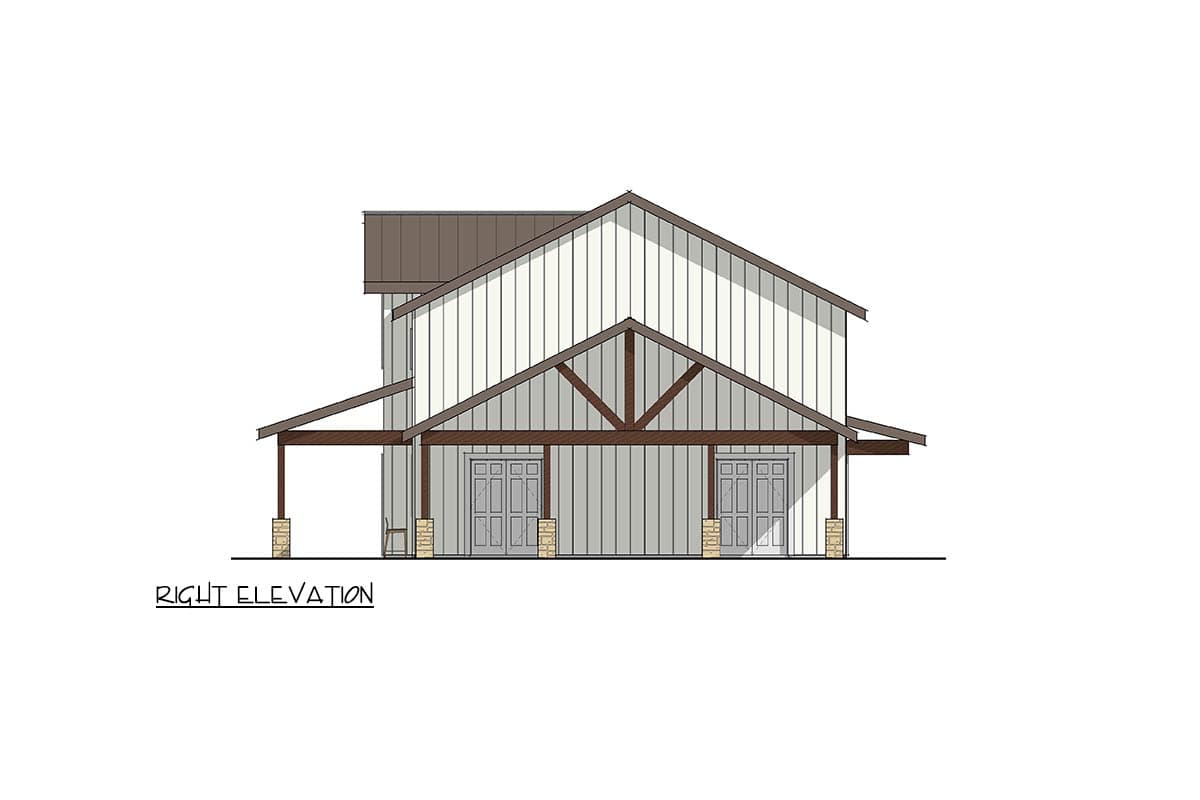 Right elevation of a house plan with vertical siding, gable roof, exposed beams, and two double doors supported by stone column porches.
