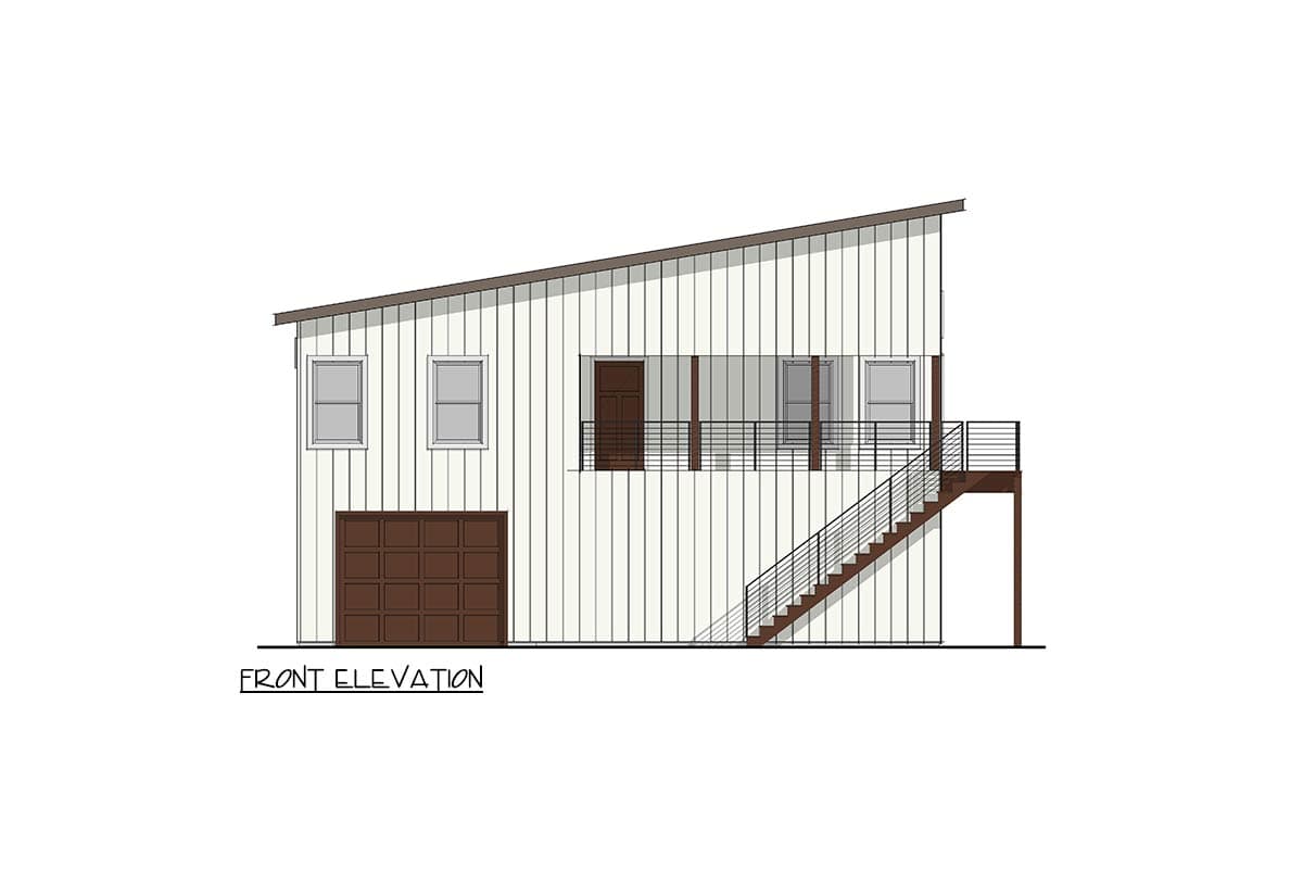 Front elevation of a two-story house plan with a sloped roof, garage, porch, and exterior stairs.