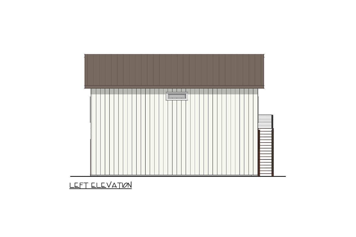 Left elevation drawing of a house plan with vertical siding, a vent near the roofline, and a set of stairs on the right.