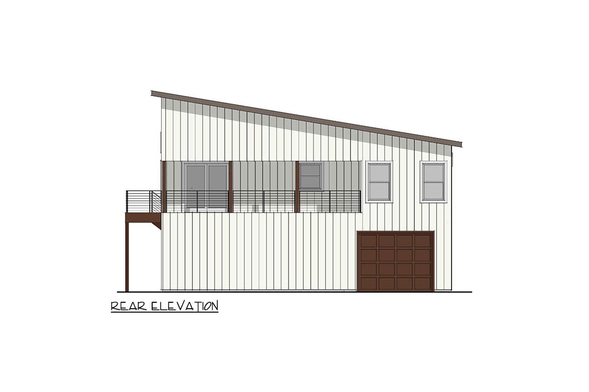 Rear elevation drawing of a house with a sloping roof, balcony, garage, and vertical siding.