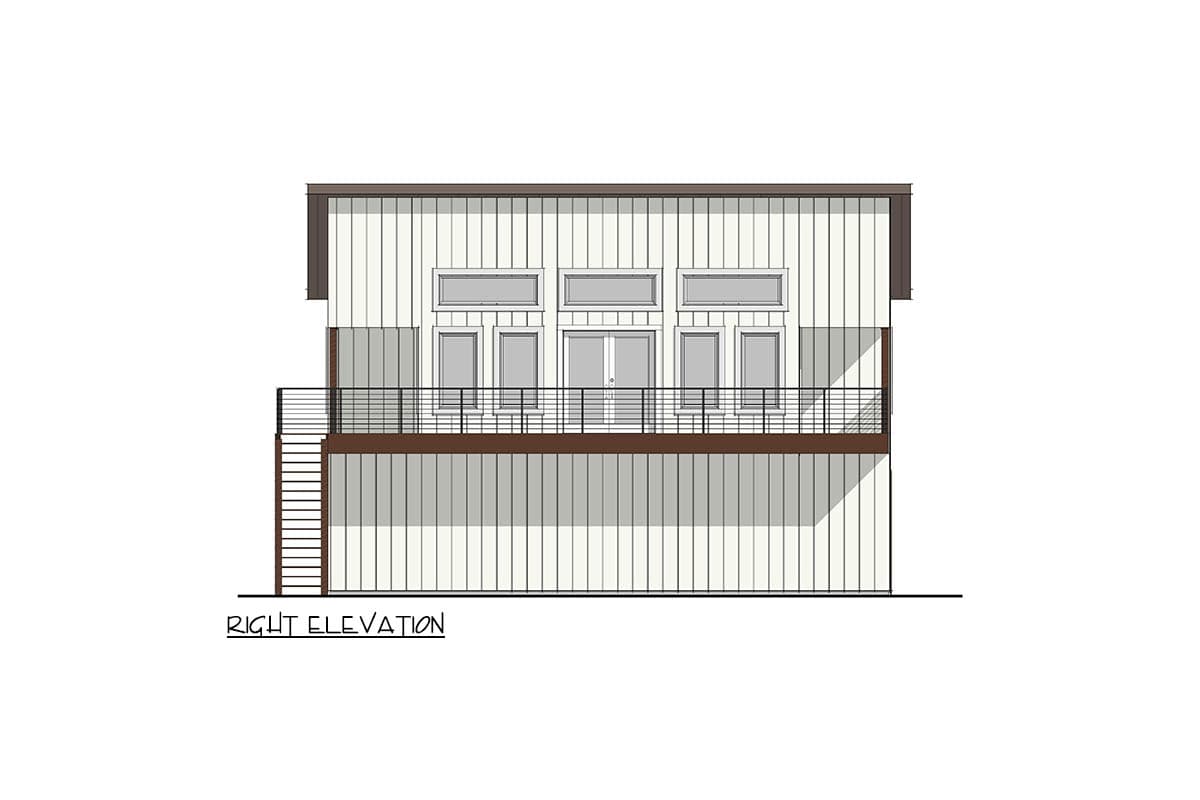 Right elevation drawing of a house plan with vertical siding, a deck, and multiple windows.